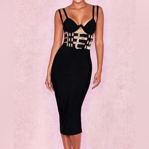 House of CB KIA Black Bandage Belted Dress gold size XS
